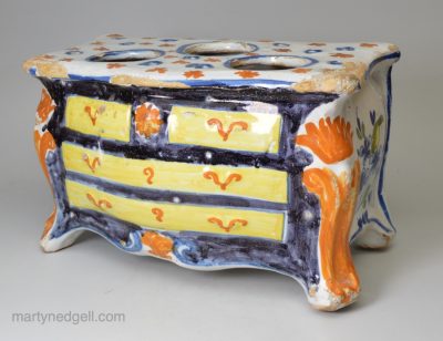 French tin glaze ink stand in the shape of a chest of drawers, circa 1750, possibly Nevers Pottery