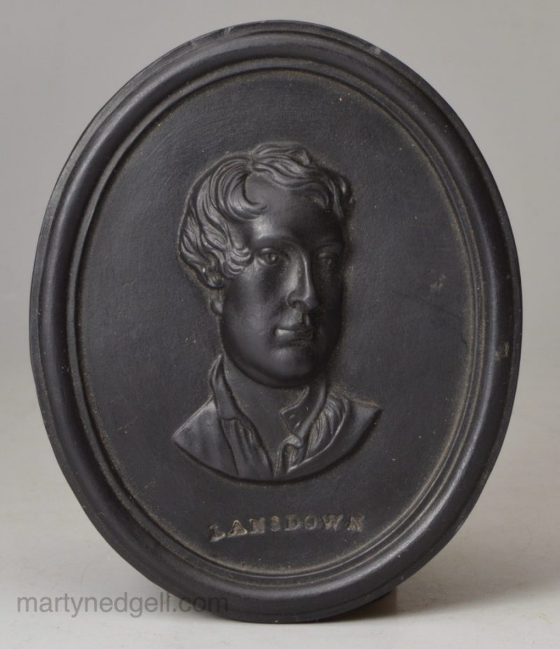 Black basalt medallion moulded with a portrait of Lansdowne, former prime minister of great Britain , circa 1785, Wedgwood & Bentley Staffordshire