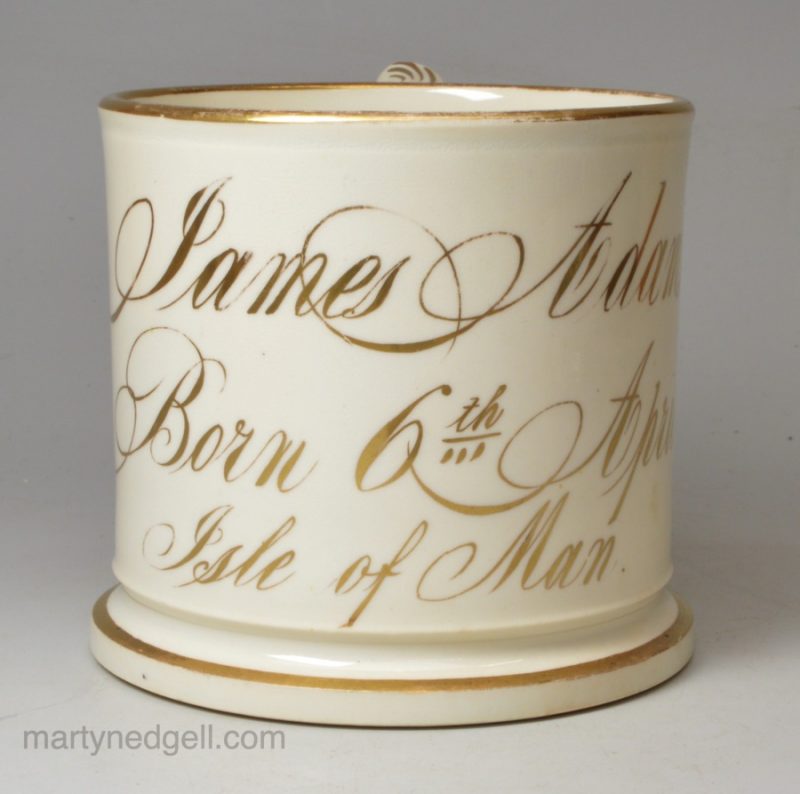 Staffordshire porcelain mug, James Adams Born 6th April 1816, Isle of Man, probably a present for his 21st, circa 1837