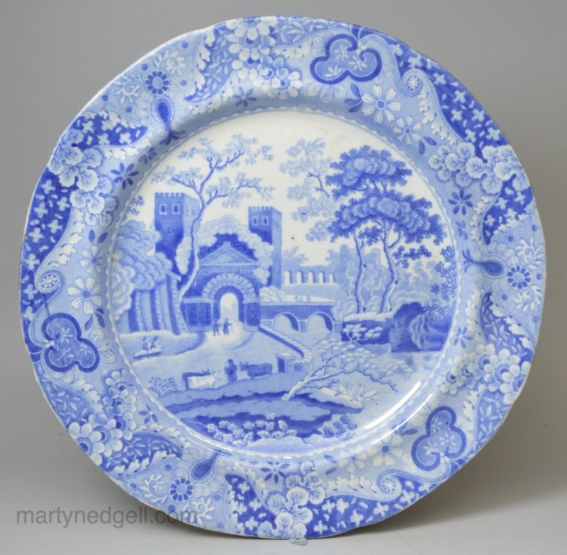 Pearlware pottery plate decorated with blue transfer print, tower pattern, under the glaze, circa 1820, Spode Staffordshire