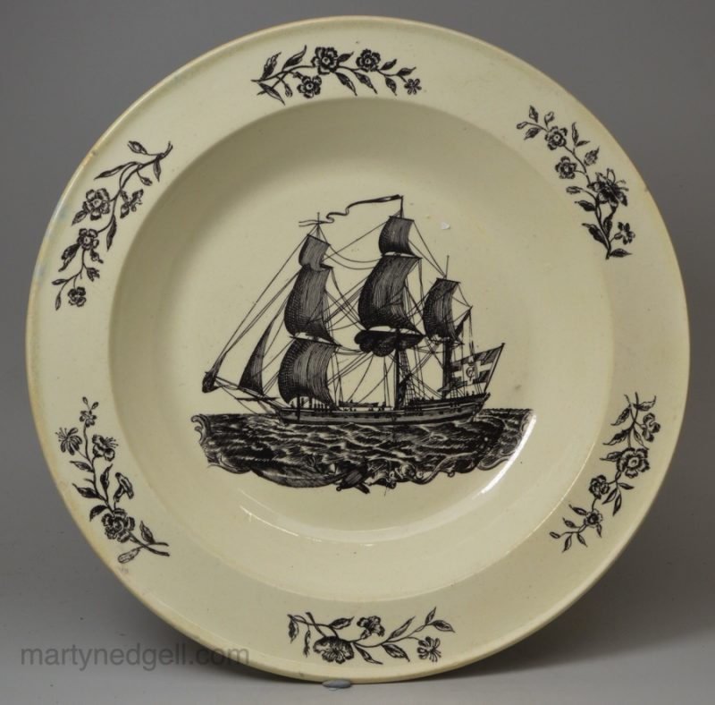 Liverpool creamware pottery plate printed with a ship flying the Danish flag, circa 1780