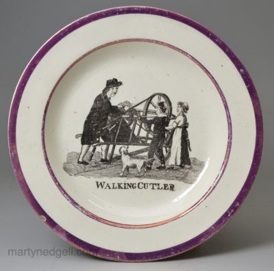 Pearlware pottery child's plate 'WALKING CUTLER', circa 1820