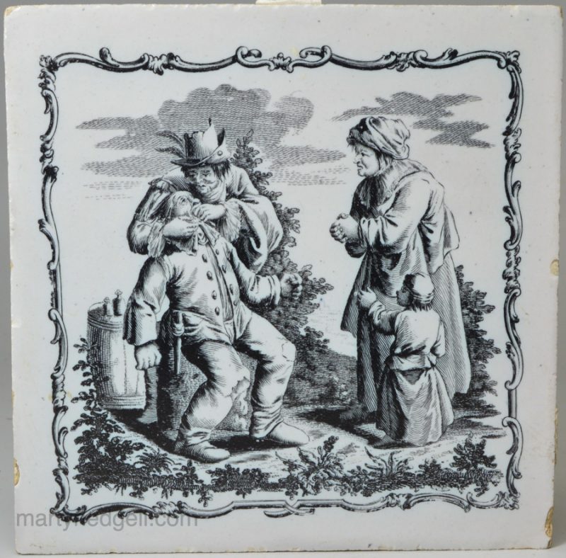 Liverpool delft tile decorated with a Sadler print of tooth extraction, circa 1765