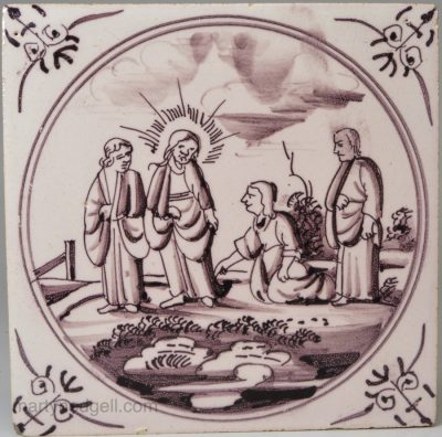 Dutch Delft biblical tile, Christ healing a woman with an issue of blood, circa 1750