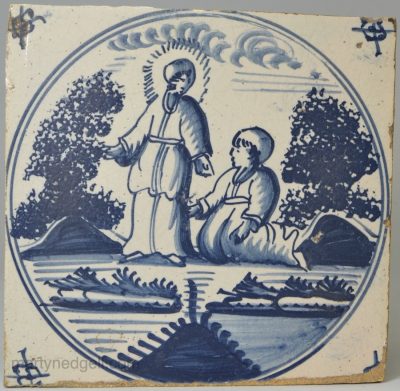 Dutch Delft biblical tile, Christ healing a woman with an issue of blood, circa 1740