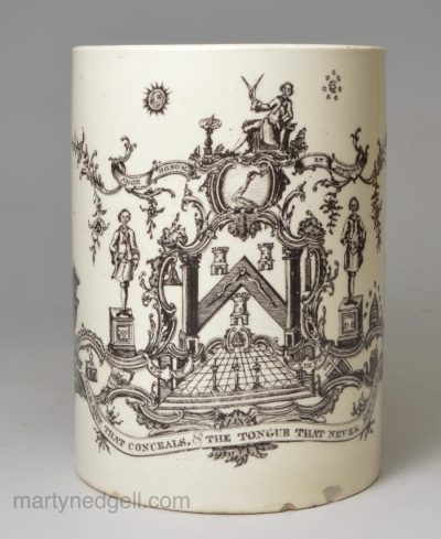 Creamware pottery mug decorated with Masonic print, circa 1780