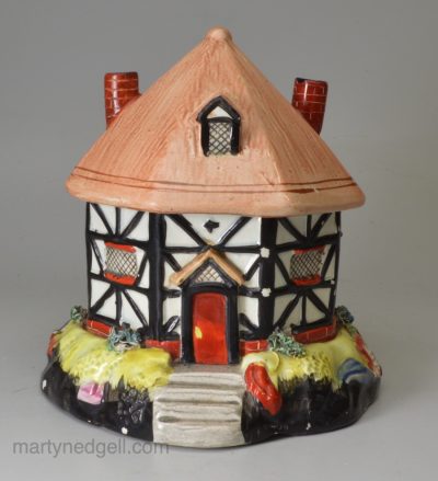 Staffordshire pearlware pottery timber framed cottage pastille burner, circa 1820