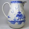 Large pearlware pottery jug decorated with blue pavilion scene under the glaze, circa 1790