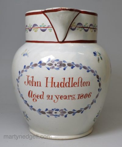 Pearlware pottery jug, John Huddleston Aged 21 years 1806, Rainforth & Co, Petty's Pottery, Leeds, Yorkshire