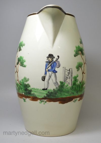 Large creamware pottery jug painted with enamels over the glaze, circa 1820, possibly Don Pottery