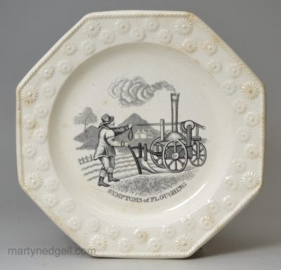 Pearlware pottery child's plate 'SYMPTOMS of PLOUGHING', circa 1840