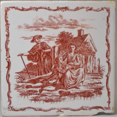 Liverpool Delft tile decorated with a red Sadler print, circa 1750