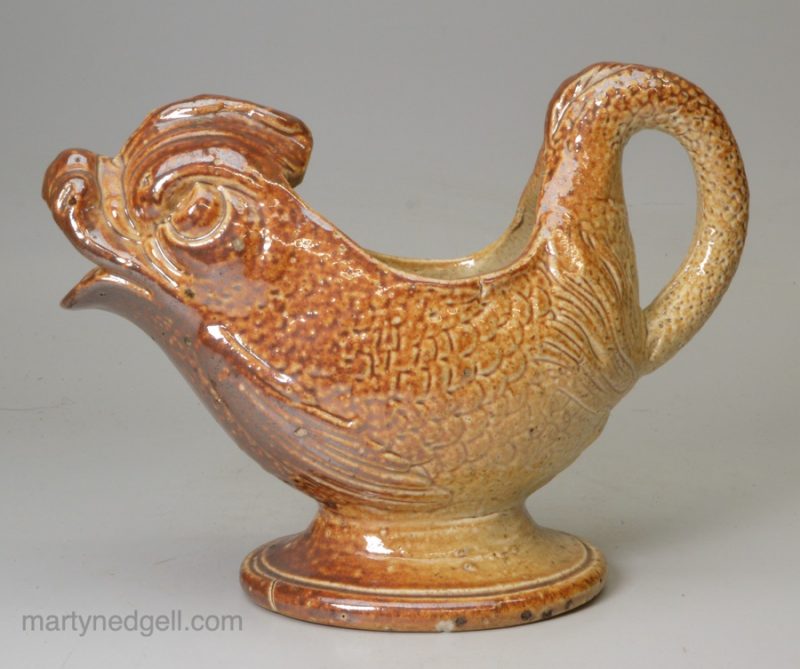 Salt glazed stoneware dolphin sauce boat, circa 1840, Brampton Pottery Derbyshire