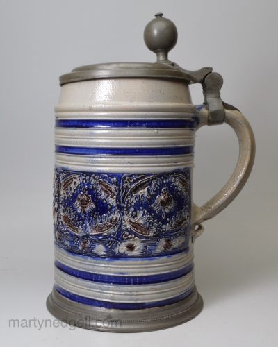 Large Westerwald saltglazed stoneware tankard, circa 1700