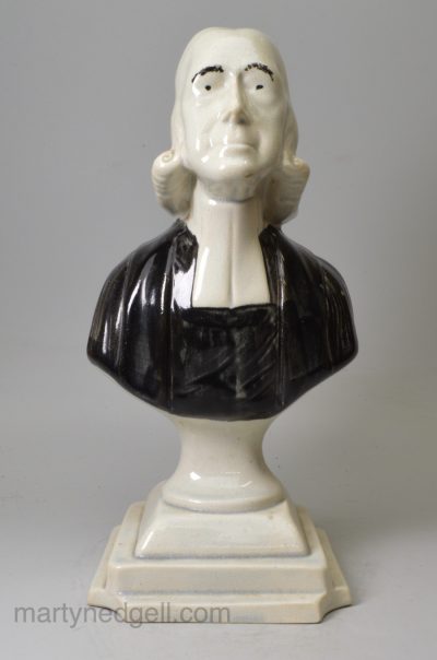 Pearlware pottery bust of Reverend John Wesley, circa 1820