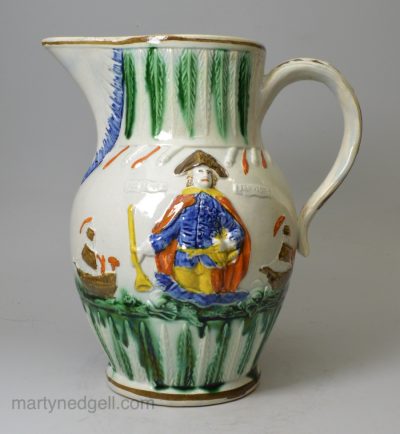 Prattware pottery jug moulded with Lord Jarvis, circa 1800