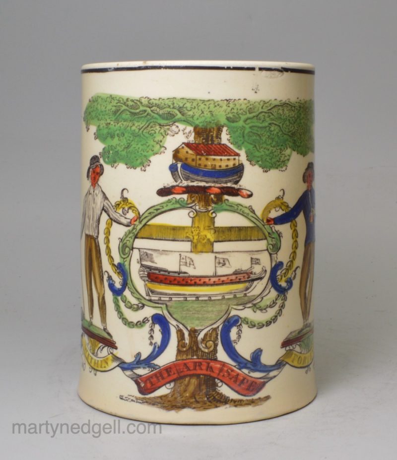 Creamware pottery mug decorated with a print of the shipbuilder's arms, circa 1800