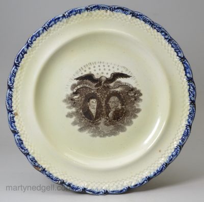 Pearlware pottery commemorative plate, 'LA FAYETTE and WASHINGTON', circa 1810