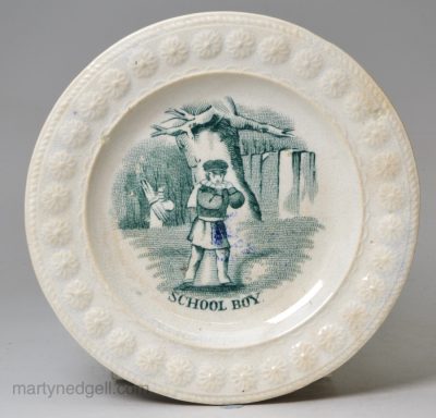 Pearlware pottery child's plate 'SCHOOL BOY', circa 1840