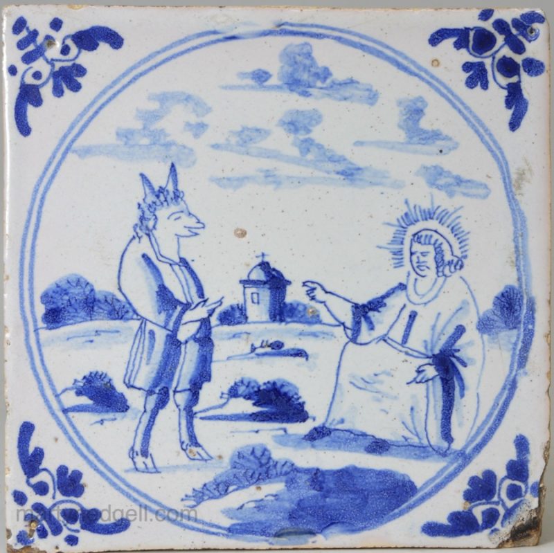 London delft biblical tile, the devil tempting Jesus in the wilderness, circa 1740