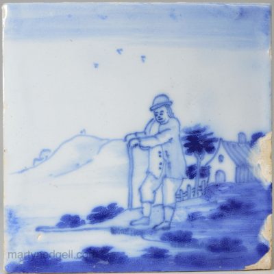 Liverpool Delft tile decorated with an old man in blue, circa 1750