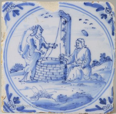 London delft biblical tile, Jesus and the woman of Samria, circa 1750