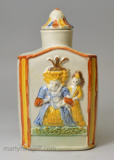 Prattware pottery tea canister and lid, circa 1820, probably Scottish Pottery