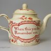 Creamware pottery teapot 'When this you see Remember me', circa 1770