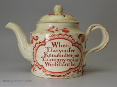 Creamware pottery teapot 'When this you see Remember me', circa 1770