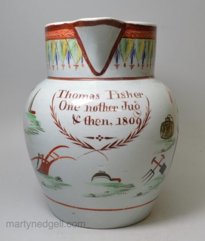 Large pearlware pottery farming jug, 'Thomas Fisher, One nother Jug & then, 1809'