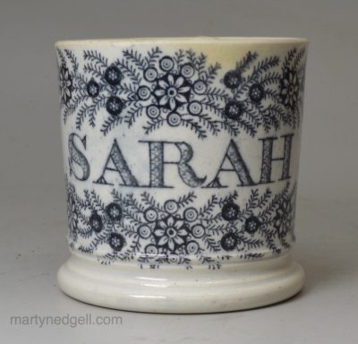 Pearlware pottery child's mug 'SARAH', circa 1830