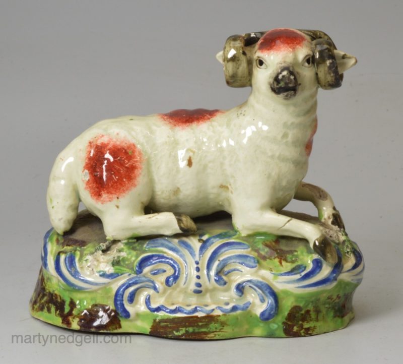 Staffordshire pearlware pottery figure of a ram, circa 1820