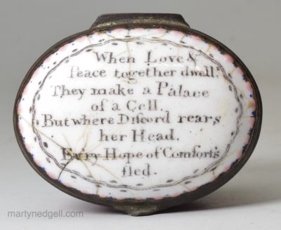 Bilston enamel patch box, 'When Love & Peace together dwell', circa 1780