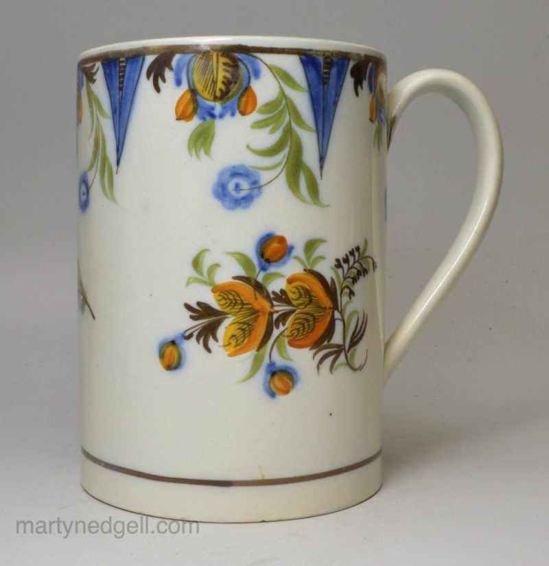 Quart Prattware pottery mug, circa 1820