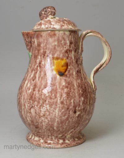 Creamware pottery coffee pot and lid decorated with Whieldon type colours under the glaze, circa 1770