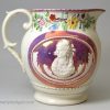 Pearlware pottery commemorative jug moulded with Queen Caroline and decorated with pink lustre, circa 1821