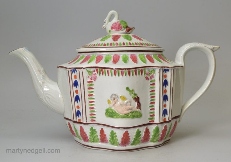 Pearlware pottery teapot decorated with overglaze enamels, circa 1820