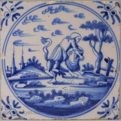 Dutch Delft biblical tile, 'Samson killing the lion', circa 1750