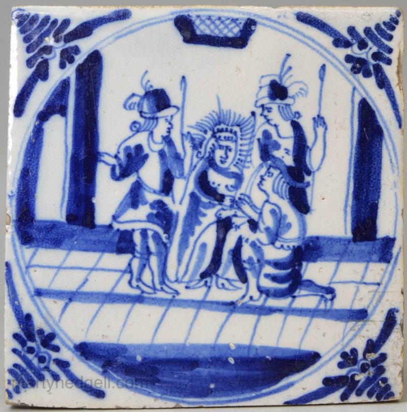 Unrecorded London delft biblical tile 'Set a crown of thorns on his head King of the Jews', circa 1720-40