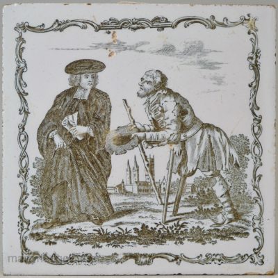 Liverpool Delft tile decorated with a Sadler satirical print, 'The Pluralist and Old Soldier, circa 1770