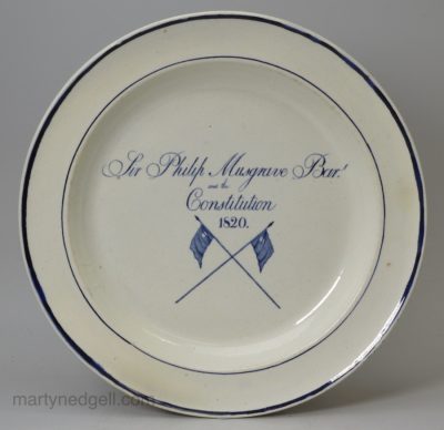 Pearlware pottery plate made for the Carlisle by election in 1820, for Sir Philip Musgrave' campaign