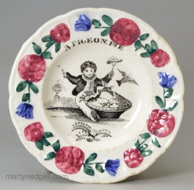 Pearlware pottery child's plate 'A PIGEON PIE', circa 1830