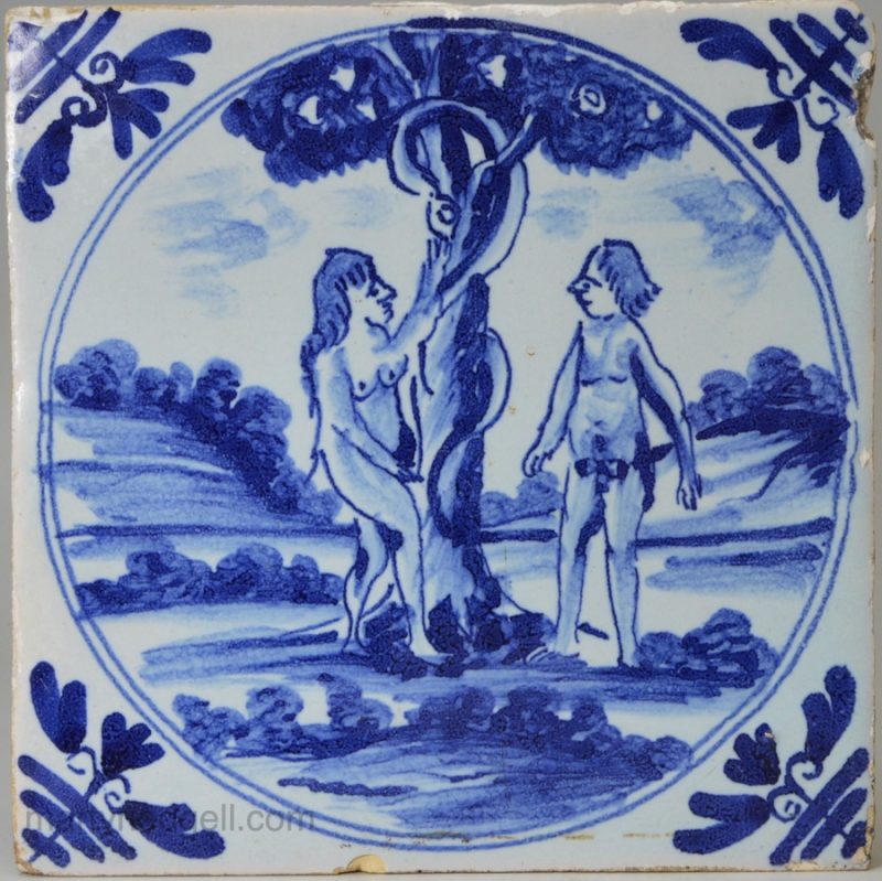 London Delft biblical tile, Adam & Eve the temptation and fall, circa 1740