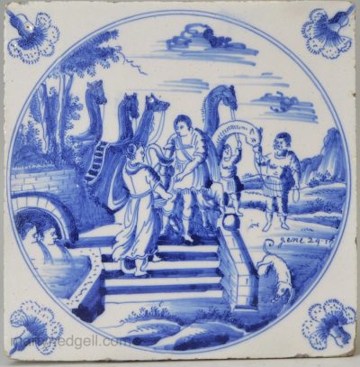 Dutch Delft biblical tile, Rebekah offers water to the servant, circa 1750