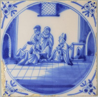 Dutch Delft biblical tile, Judas and fifty pieces of silver, circa 1750