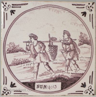 Dutch Delft biblical tile, Spies returning from Hebron, circa 1750