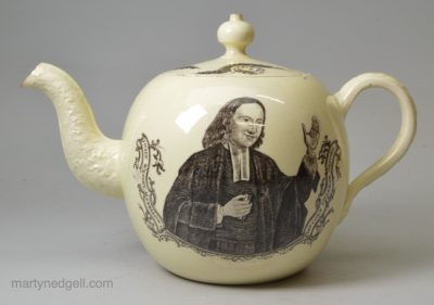 Creamware pottery teapot printed with the reverend John Wesley, circa 1780, possibly Wedgwood