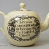 Creamware pottery teapot printed with the reverend John Wesley, circa 1780, possibly Wedgwood