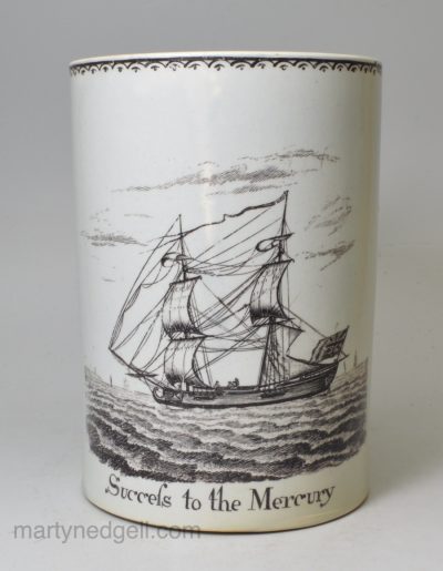 Pearlware pottery mug 'Success to the Mercury', circa 1800, probably Newcastle pottery