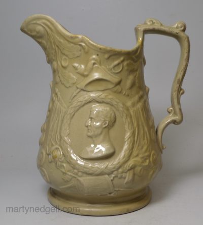 Drab stoneware jug moulded with a portrait of Wellington, circa 1850